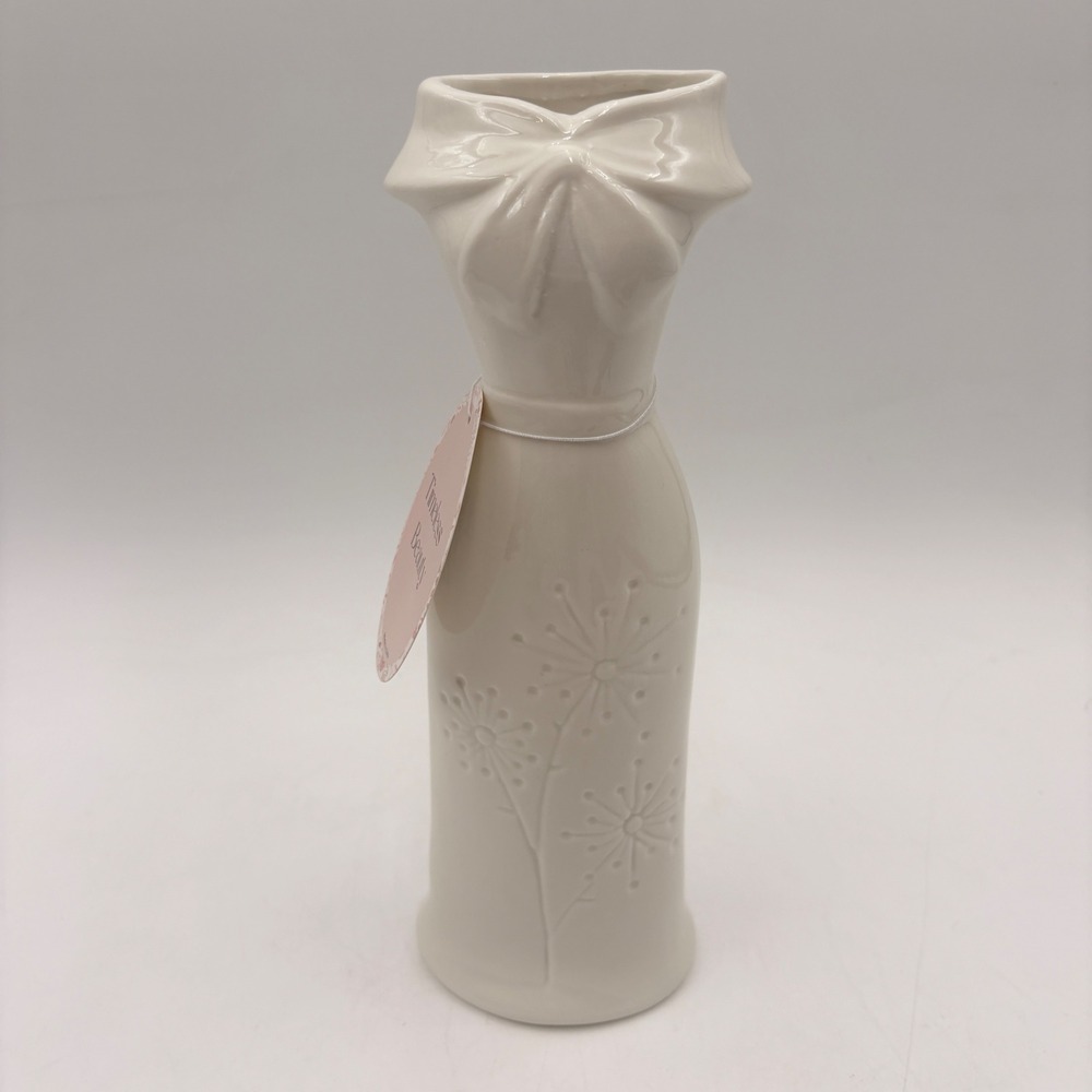 Timeless Beauty Ceramic Dress Vase Off-White Bow Floral Embossed Gown